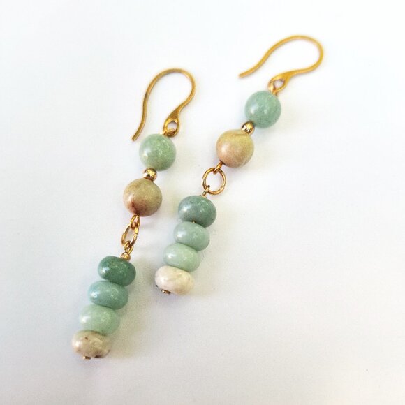 Amazonite Stone Gold French Hook Dangle Earrings Boho Chic Coastal Summer Gifts - Picture 9 of 10